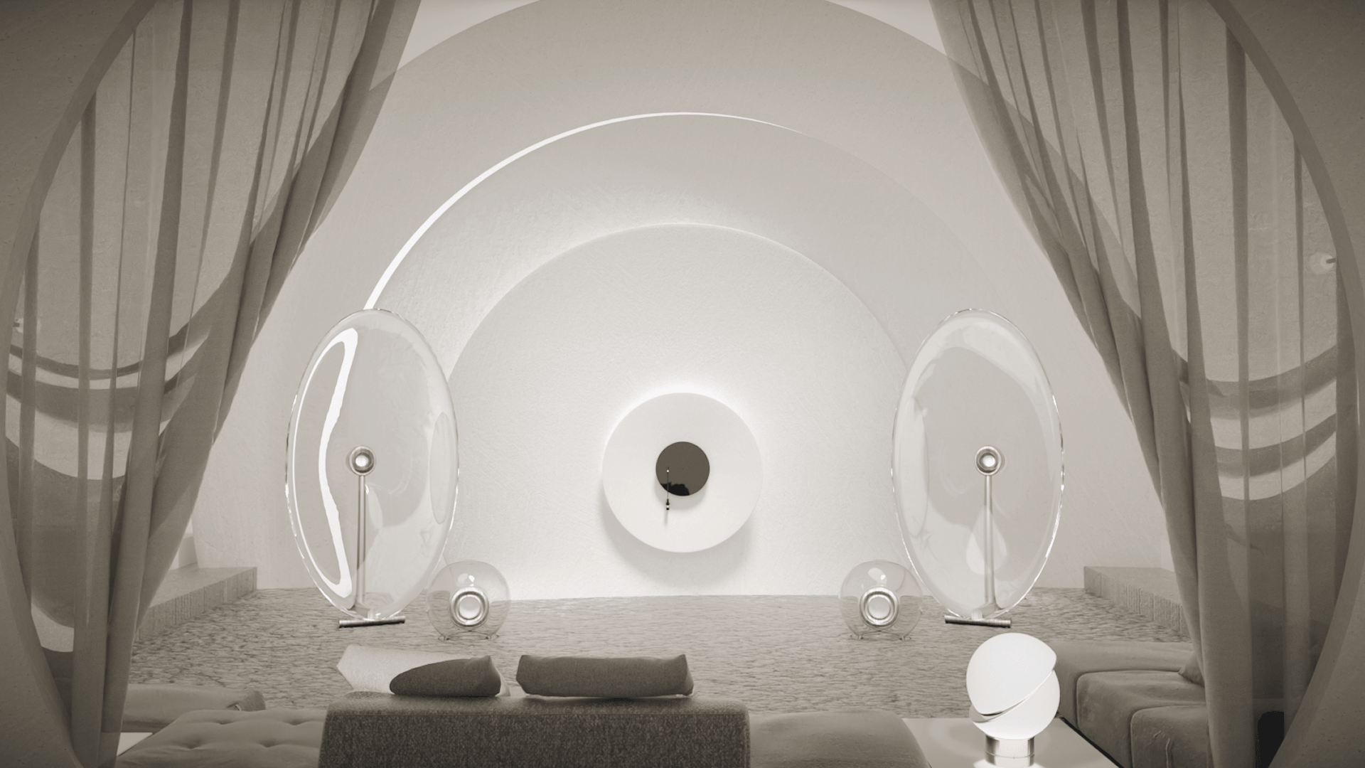 Pale listening room with circular acoustic forms and speakers