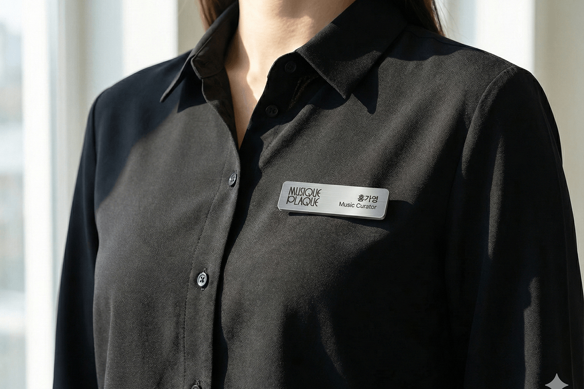 Musique Plaque curator name badge on black shirt