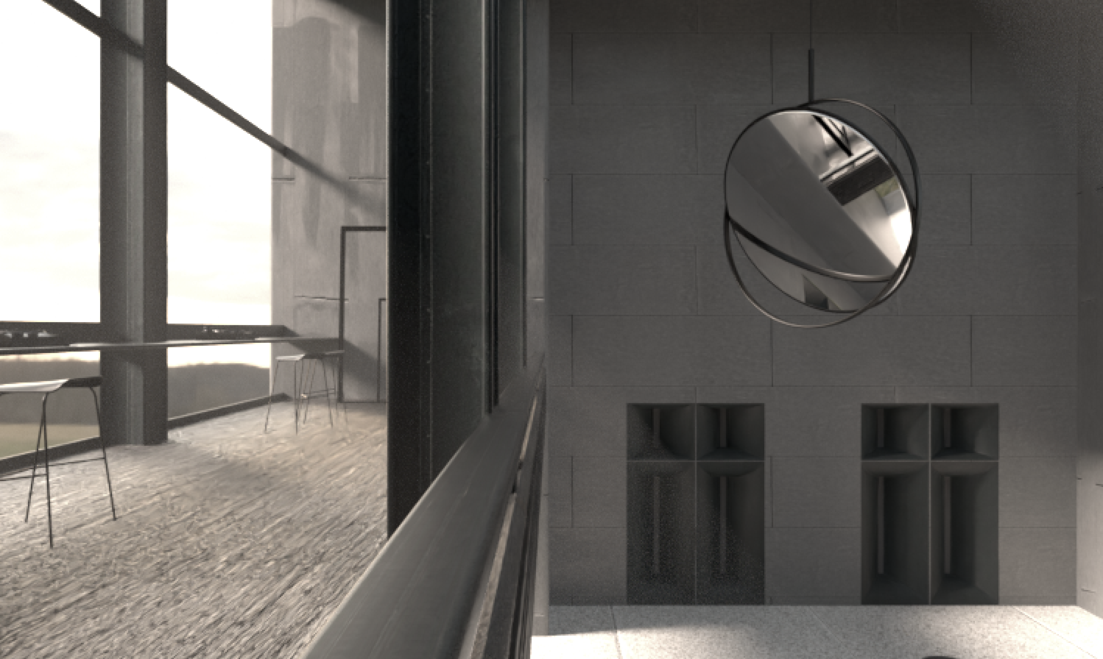Musique Plaque listening interior with window and circular speaker object