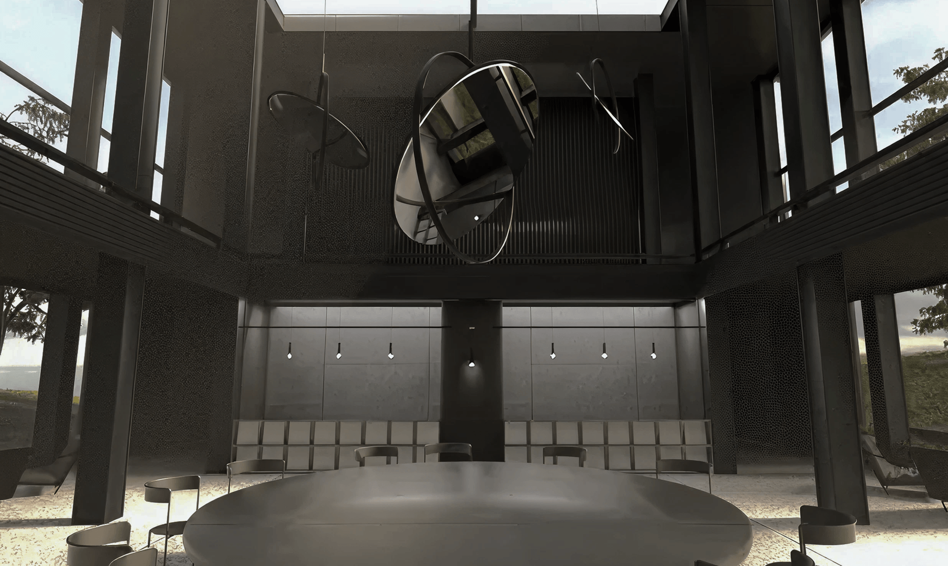Dark hotel listening lounge interior with sculptural speaker installation