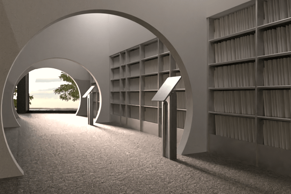 Listening library corridor with circular architectural openings