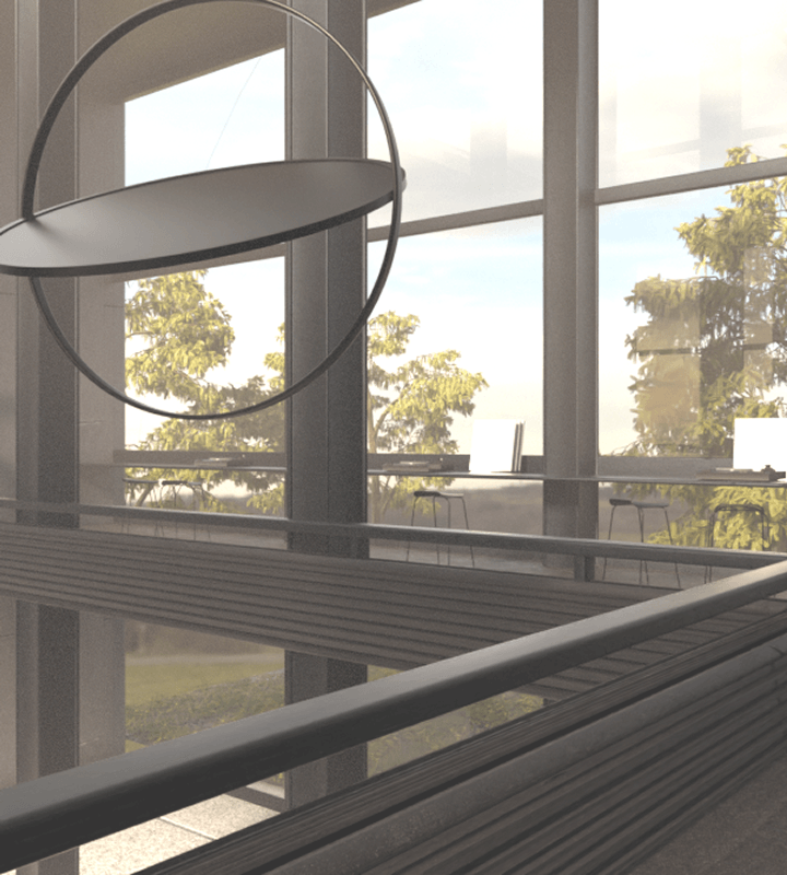 Sunlit window view with circular suspended speaker object